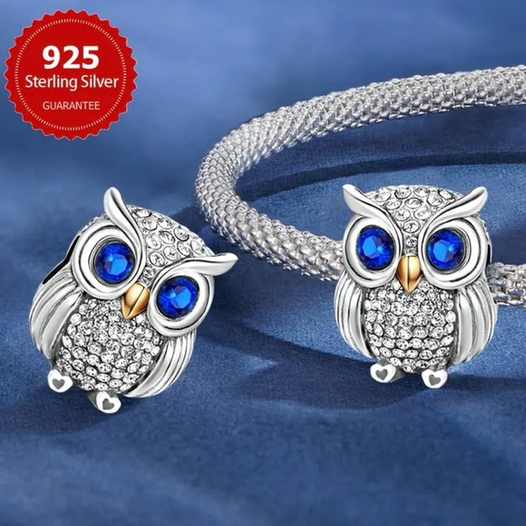 Sterling Silver 925 Pandora Owl Charm with Blue Gem Eyes - Picture 4 of 10